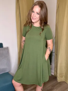 Olive Short Sleeve Round Hem Dress