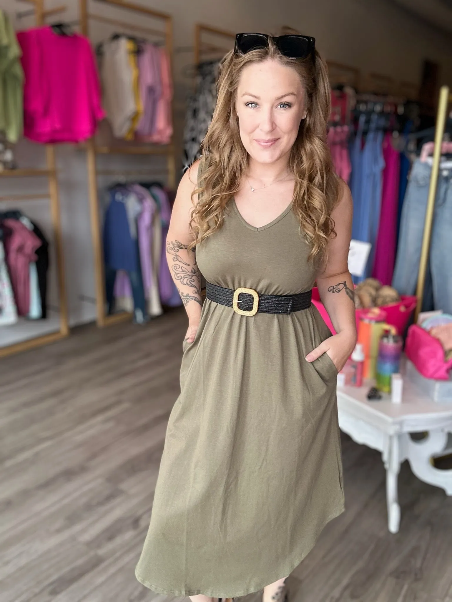 Olive Sleeveless Cotton Dress