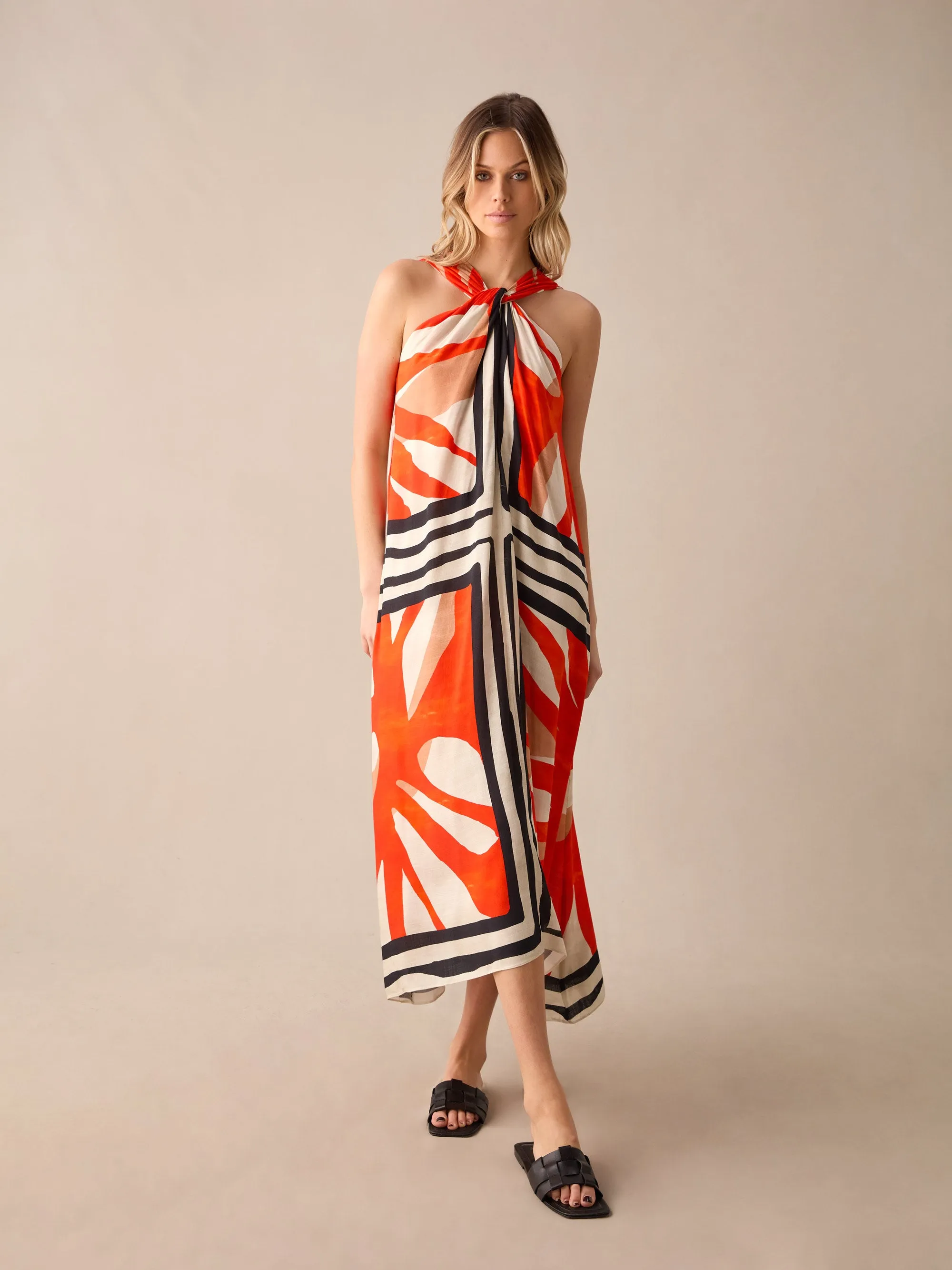 Orange Placement Print Twist Neck Dress