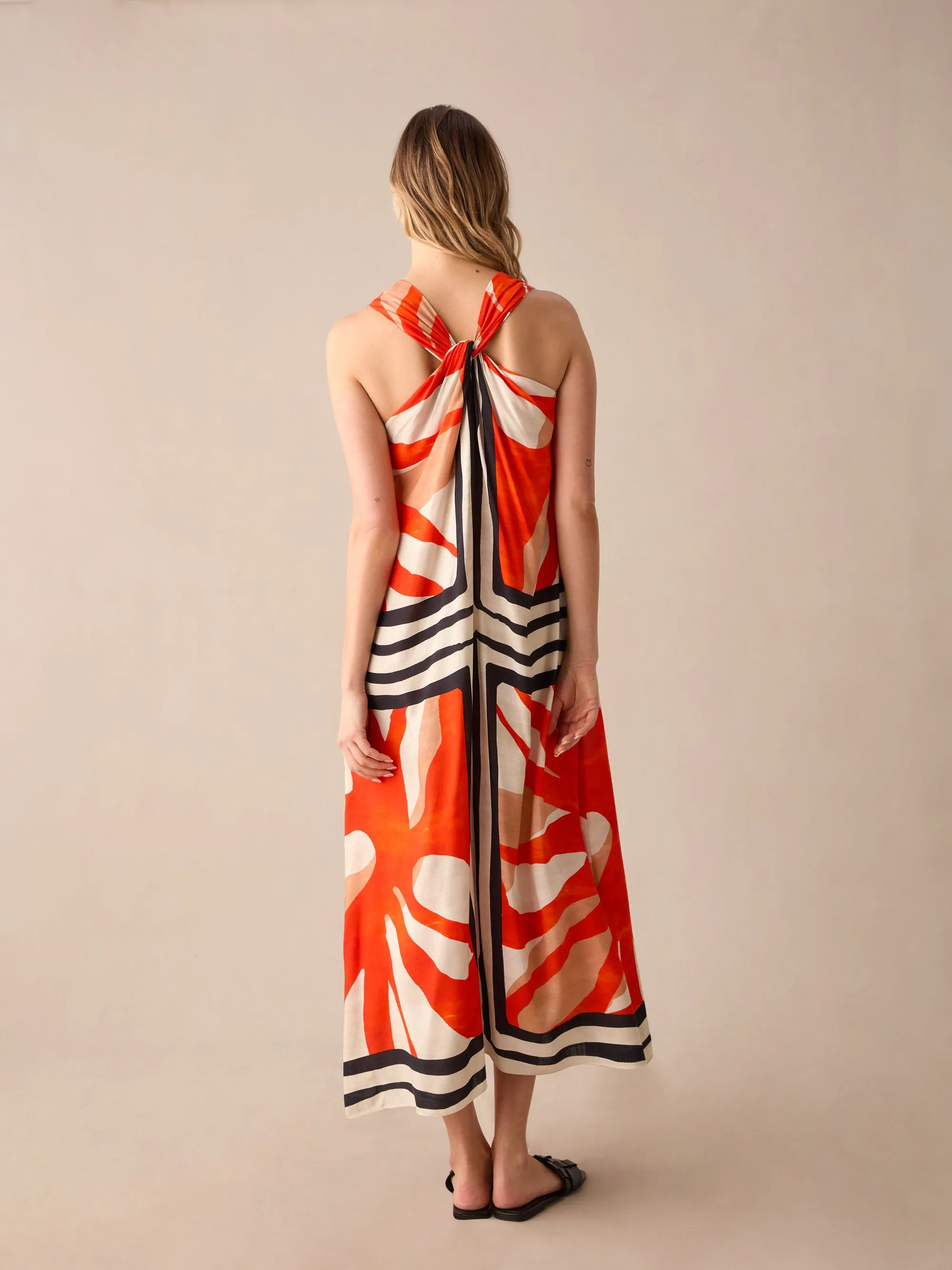 Orange Placement Print Twist Neck Dress