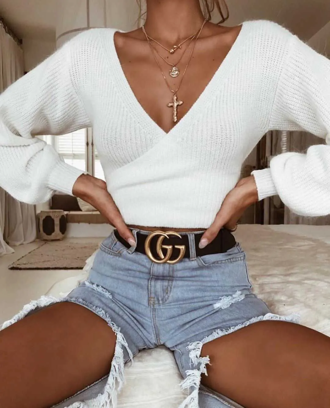 Oversized Tie Back Knitted Wrap Front Sweater Crop Tops