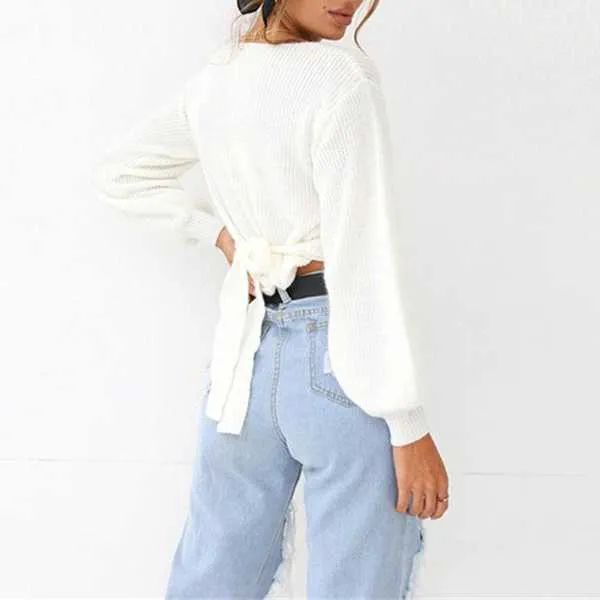 Oversized Tie Back Knitted Wrap Front Sweater Crop Tops