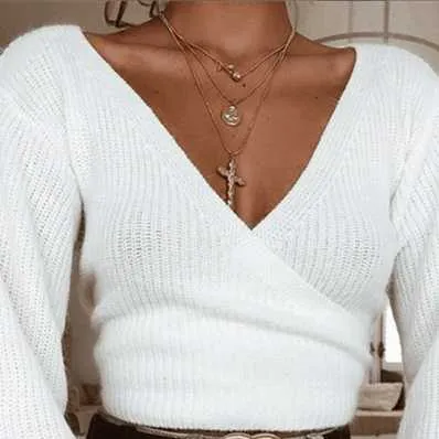 Oversized Tie Back Knitted Wrap Front Sweater Crop Tops