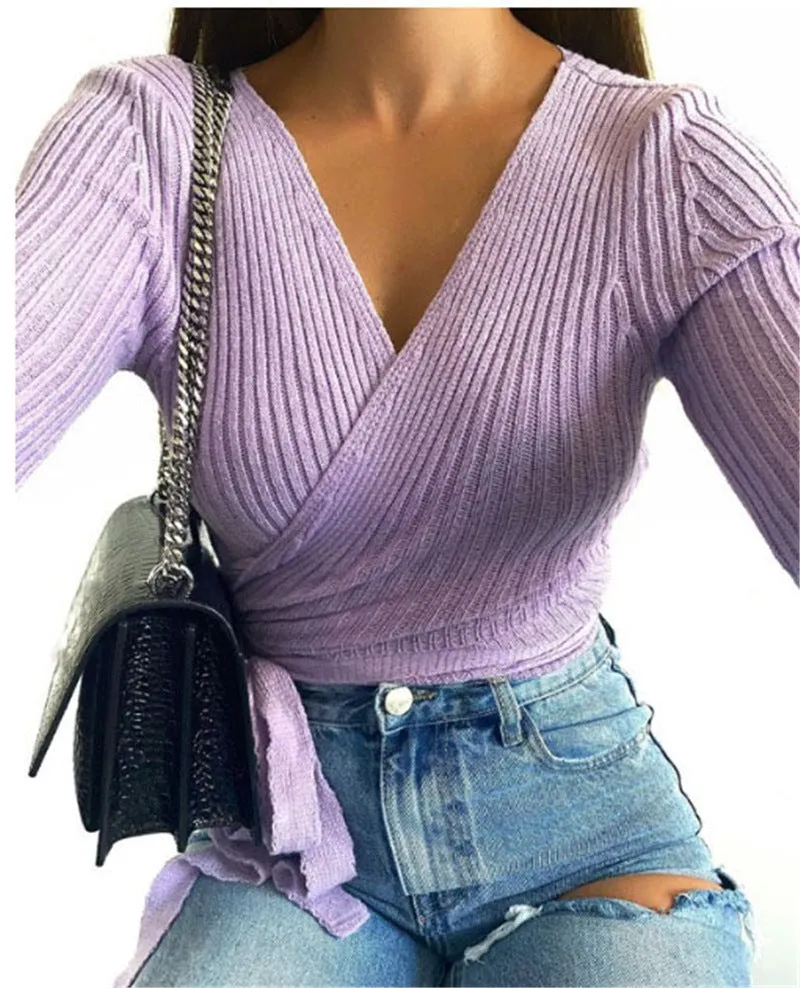 Oversized Tie Back Knitted Wrap Front Sweater Crop Tops