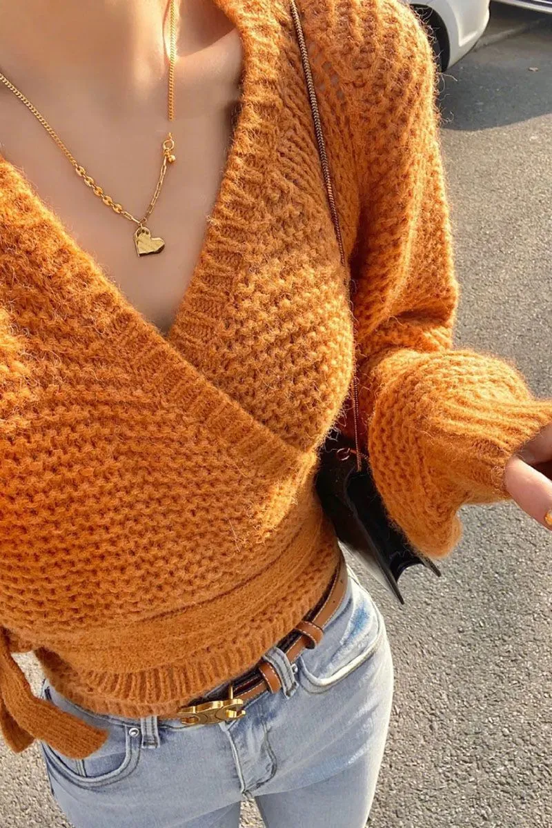 Oversized Tie Back Knitted Wrap Front Sweater Crop Tops