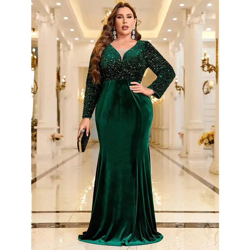 Plus Size Green Velvet Glitter V-Neck Long Sleeve Dress