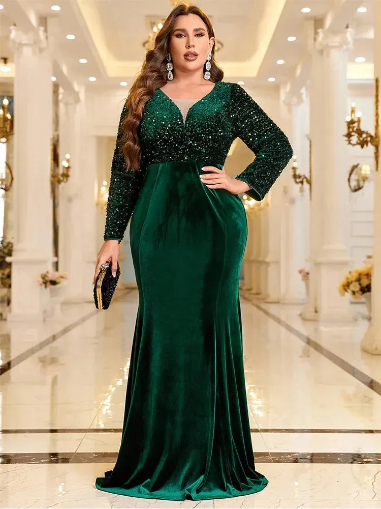 Plus Size Green Velvet Glitter V-Neck Long Sleeve Dress