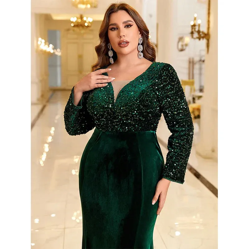 Plus Size Green Velvet Glitter V-Neck Long Sleeve Dress