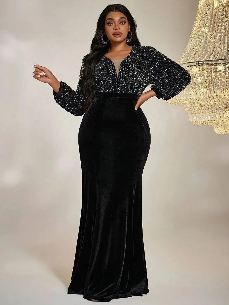 Plus Size Green Velvet Glitter V-Neck Long Sleeve Dress