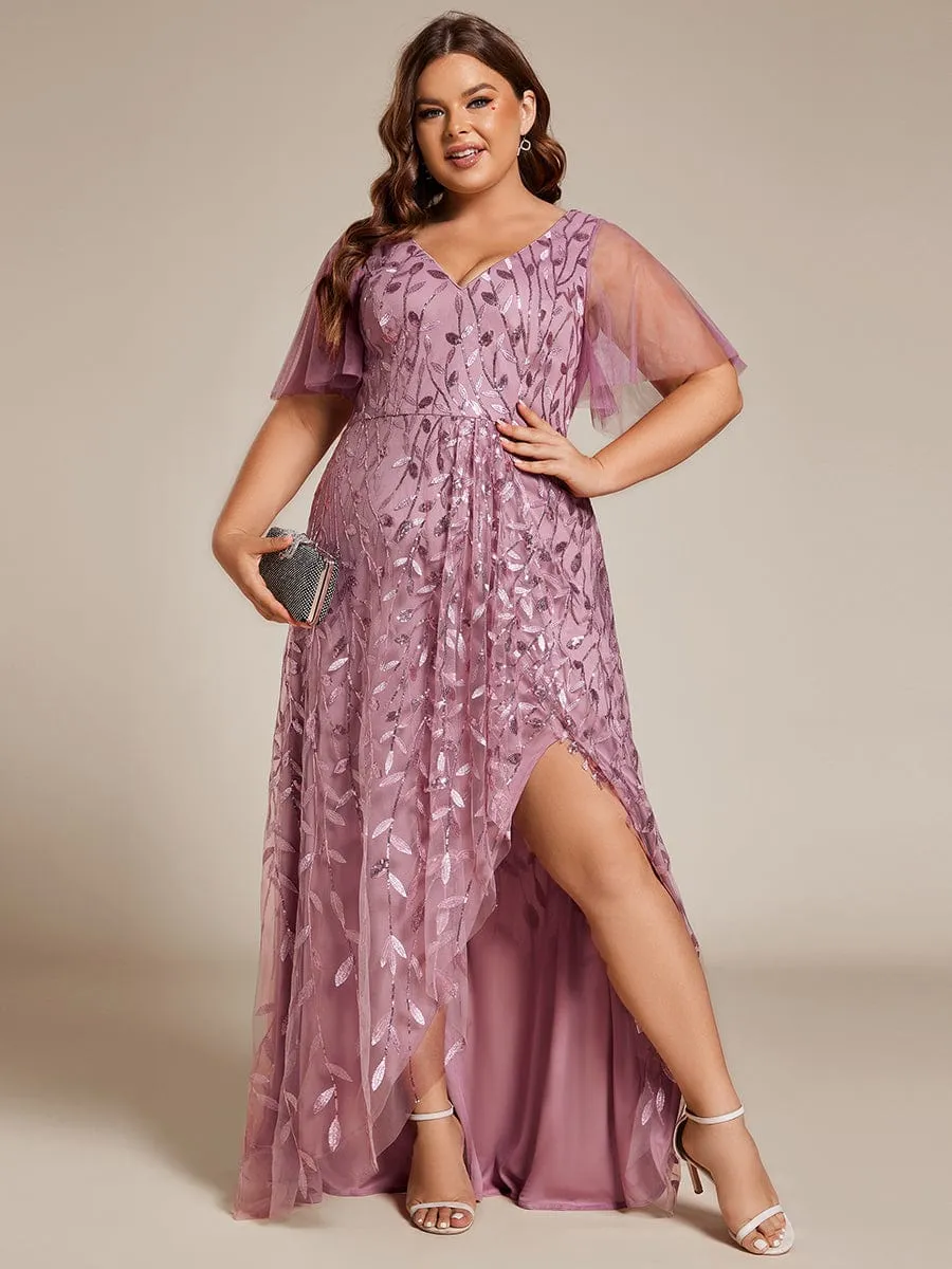 Plus Size Short Sleeves Sequin High Low V-Neck Midi Formal Evening Dress