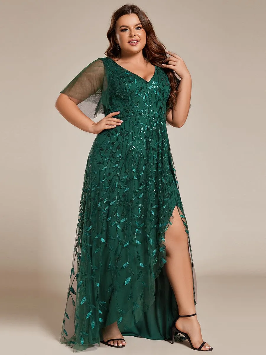 Plus Size Short Sleeves Sequin High Low V-Neck Midi Formal Evening Dress