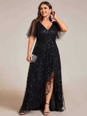 Plus Size Short Sleeves Sequin High Low V-Neck Midi Formal Evening Dress