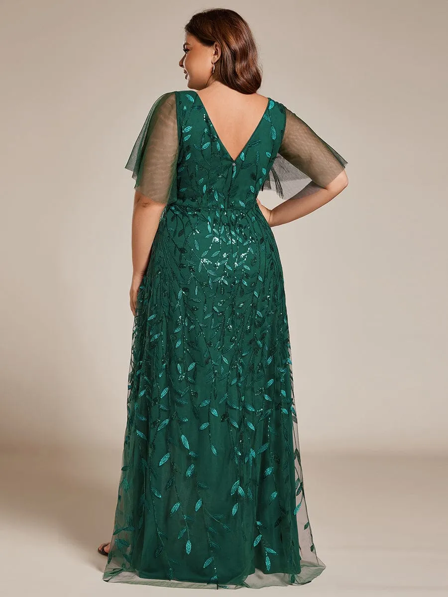 Plus Size Short Sleeves Sequin High Low V-Neck Midi Formal Evening Dress