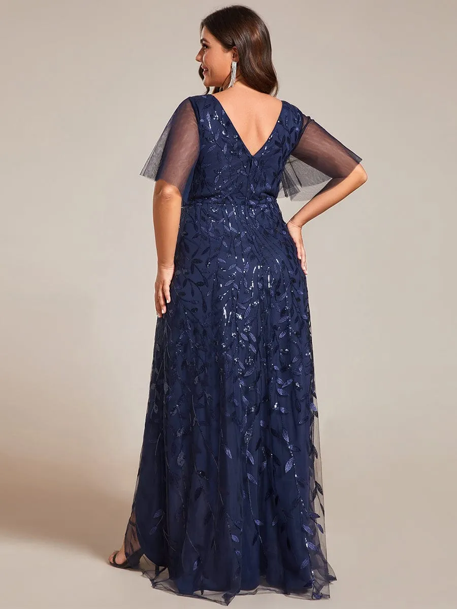 Plus Size Short Sleeves Sequin High Low V-Neck Midi Formal Evening Dress