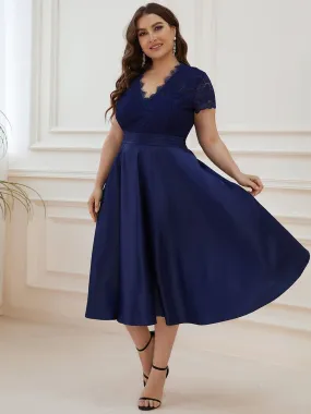 A-line Cocktail Dress with Pockets for Plus Size Featuring V-neck and Lace Bodice