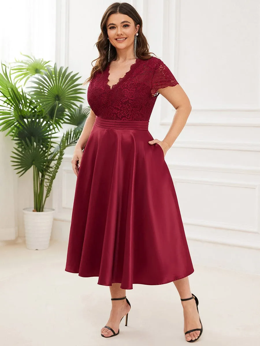 A-line Cocktail Dress with Pockets for Plus Size Featuring V-neck and Lace Bodice