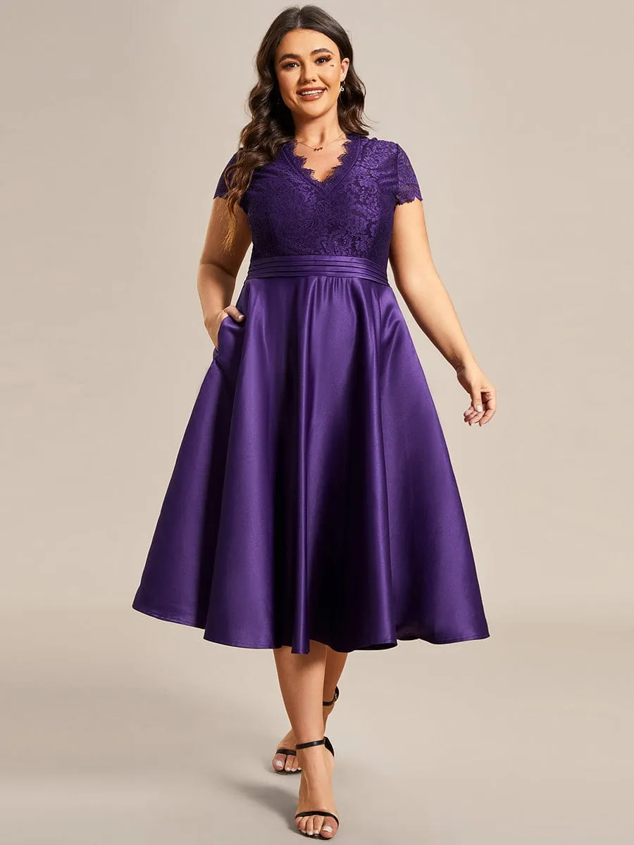 A-line Cocktail Dress with Pockets for Plus Size Featuring V-neck and Lace Bodice