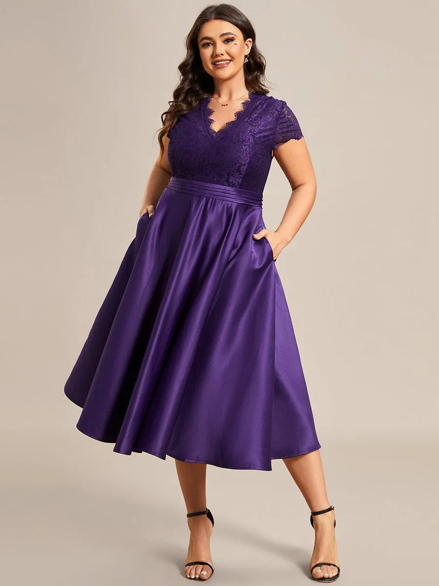 A-line Cocktail Dress with Pockets for Plus Size Featuring V-neck and Lace Bodice