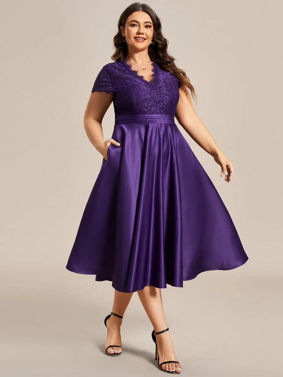 A-line Cocktail Dress with Pockets for Plus Size Featuring V-neck and Lace Bodice