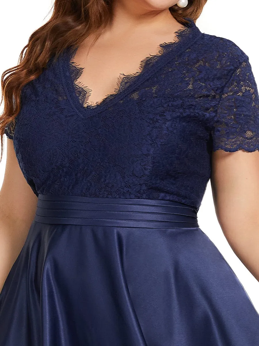 A-line Cocktail Dress with Pockets for Plus Size Featuring V-neck and Lace Bodice