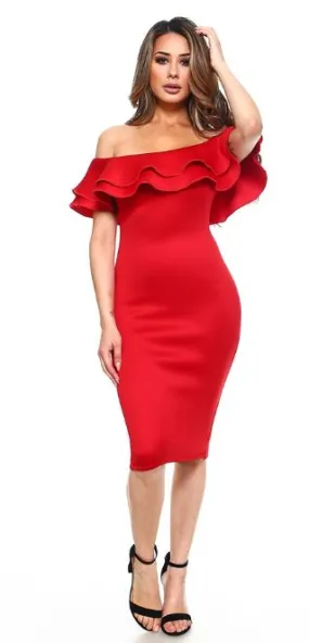 Red Strapless Ruffled Midi Dress