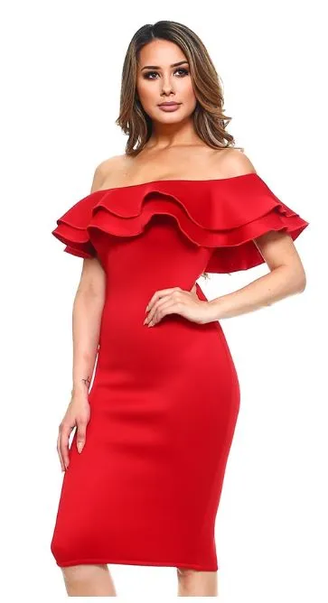 Red Strapless Ruffled Midi Dress