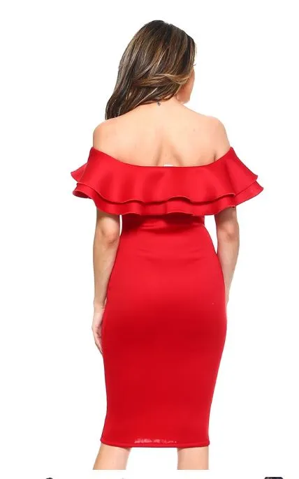 Red Strapless Ruffled Midi Dress