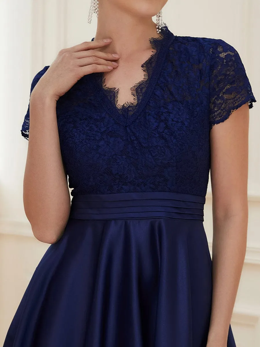 Romantic V-neck Lace Bodice Wedding Guest Dress with Pockets