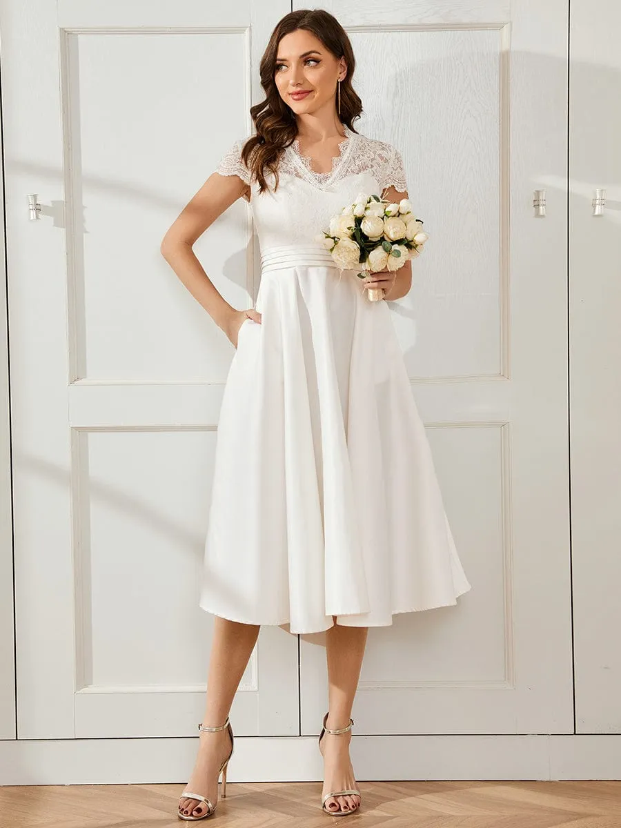 Romantic V-neck Lace Bodice Wedding Guest Dress with Pockets