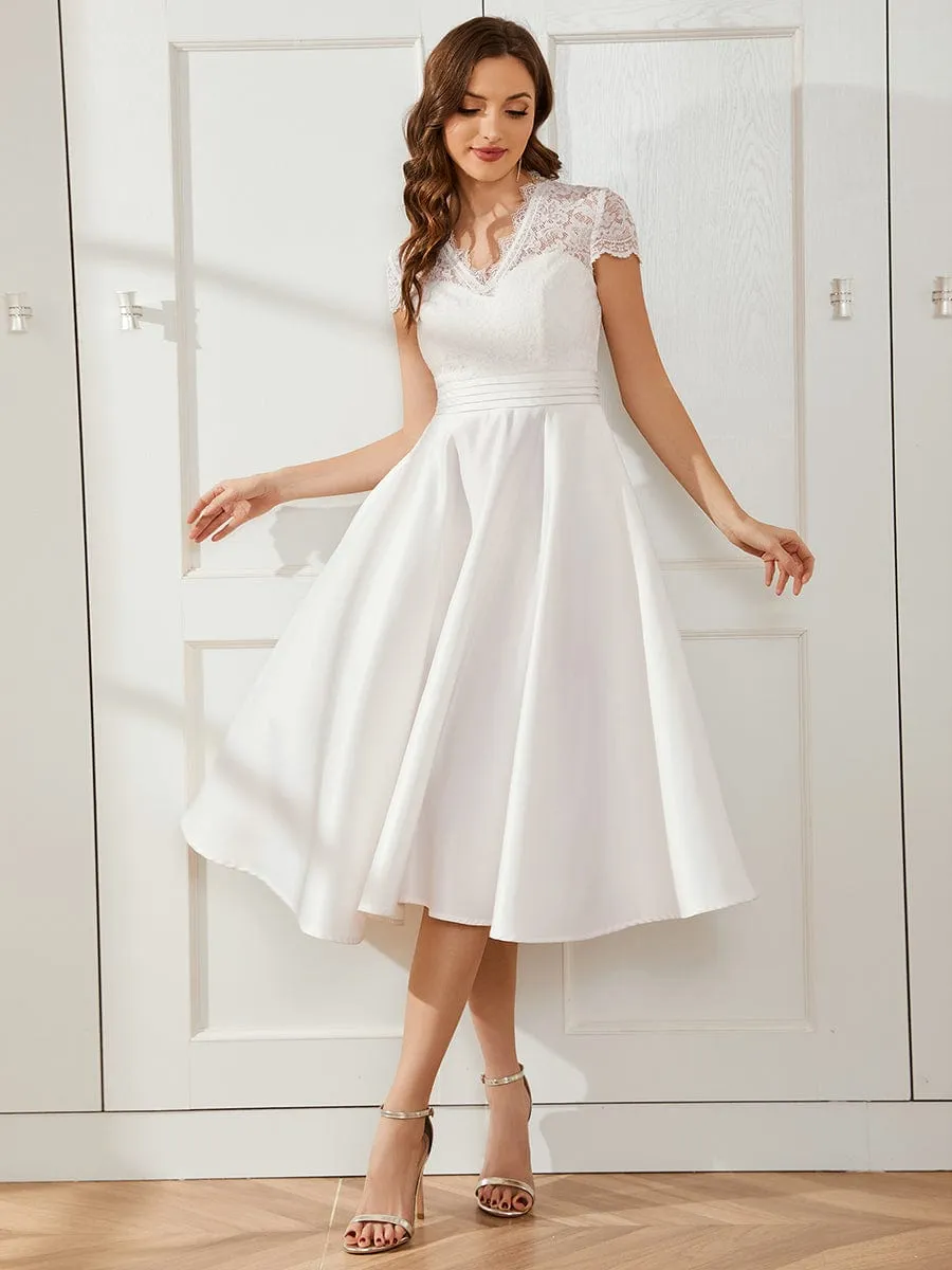 Romantic V-neck Lace Bodice Wedding Guest Dress with Pockets