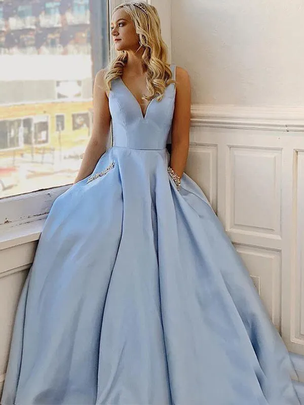 Sky Blue Satin Cheap Prom Dresses Custom Long Formal Dresses ER2069