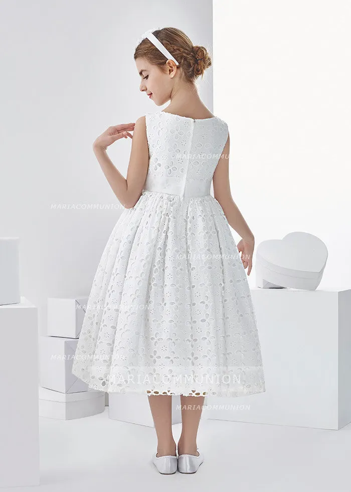 Sleeveless Bateau Neck Tea Length Lace First Communion Dress With Bow