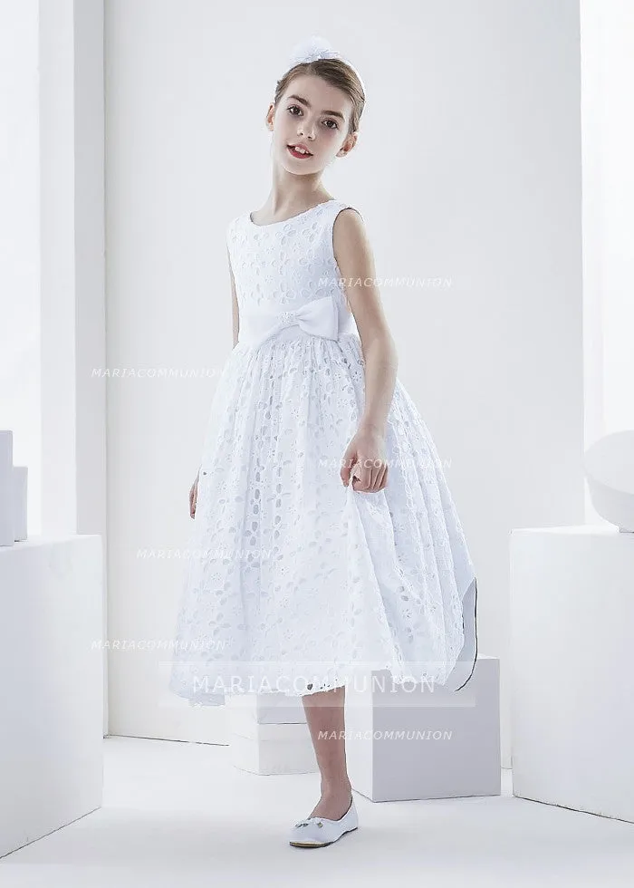 Sleeveless Bateau Neck Tea Length Lace First Communion Dress With Bow