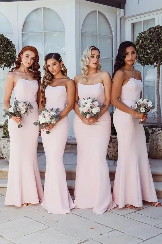 Strapless Light Pink Long Chiffon Bridesmaid Dresses ER2101