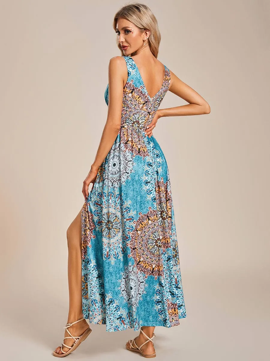 Summer Floral Sleeveless High-Slit Ankle Length Evening Dress