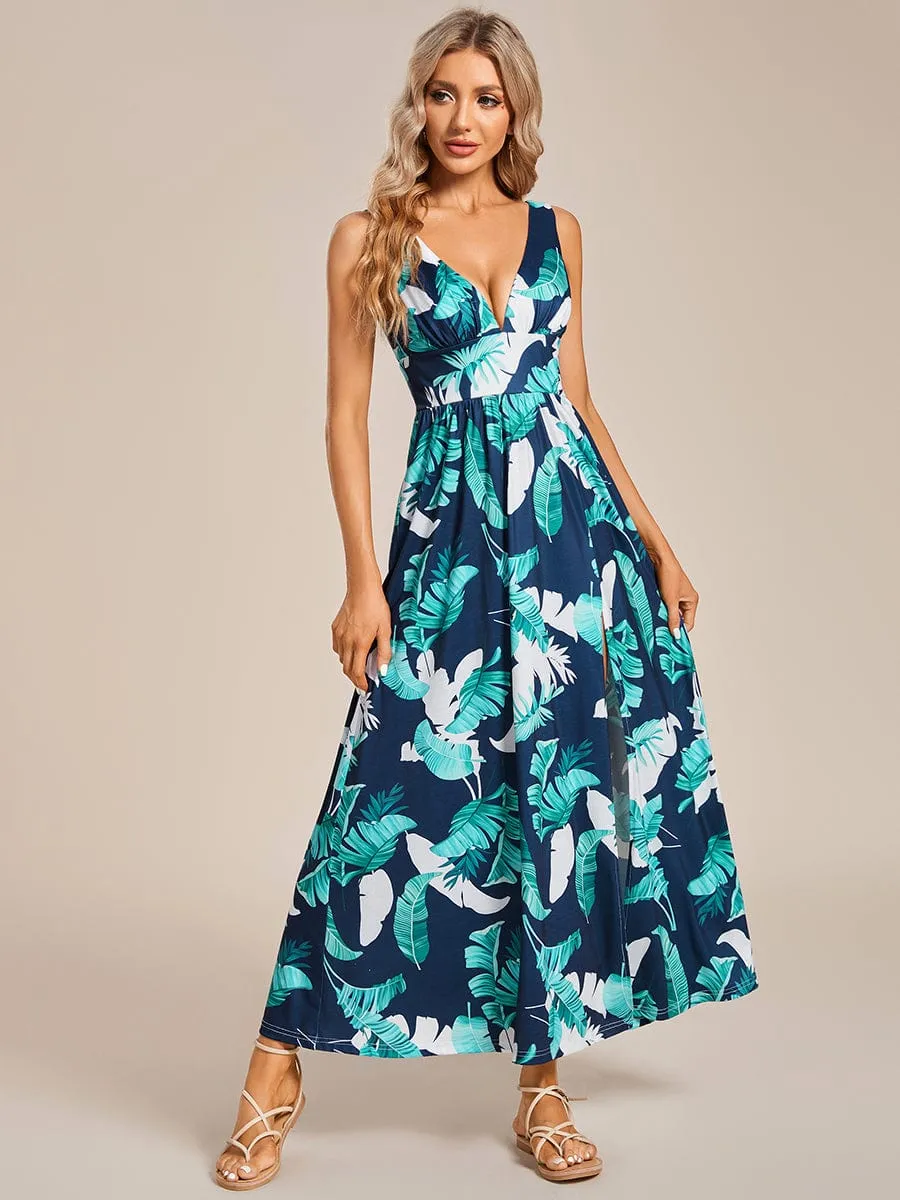 Summer Floral Sleeveless High-Slit Ankle Length Evening Dress