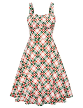 Vintage Sleeveless Plaid Ruched A-Line Flowy Swing Midi Dress