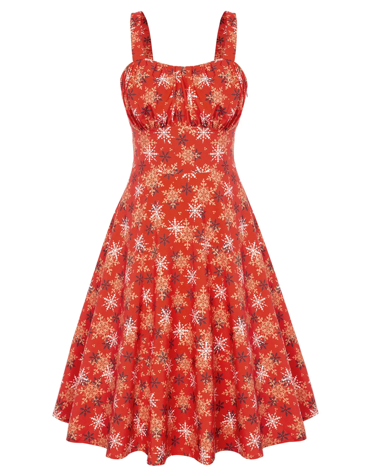 Vintage Sleeveless Snowflake Print Ruched A-Line Flowy Swing Midi Dress