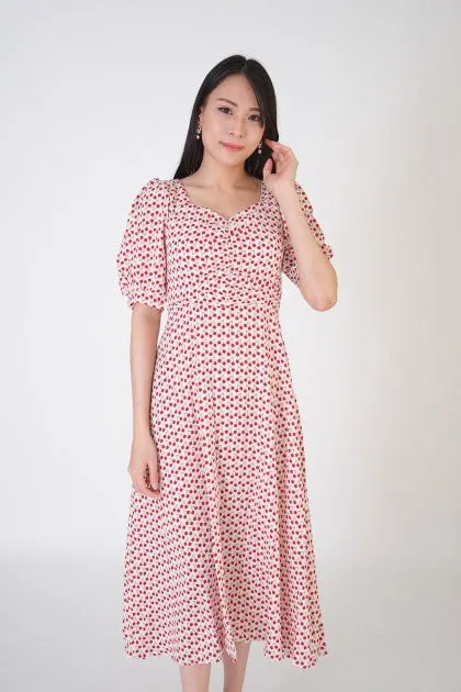 White printed puff sleeve cut out midaxi dress