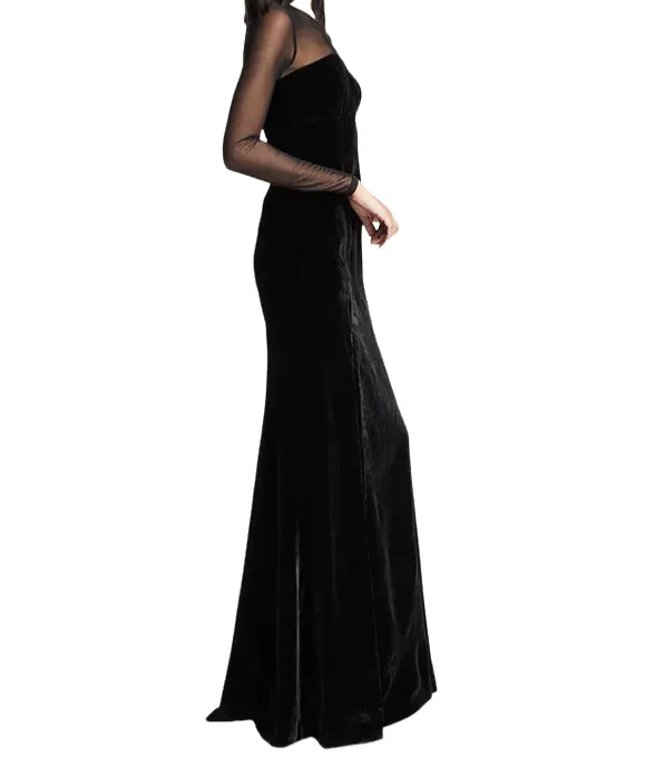 Womens Formal Illusion Neck Velvet Gown