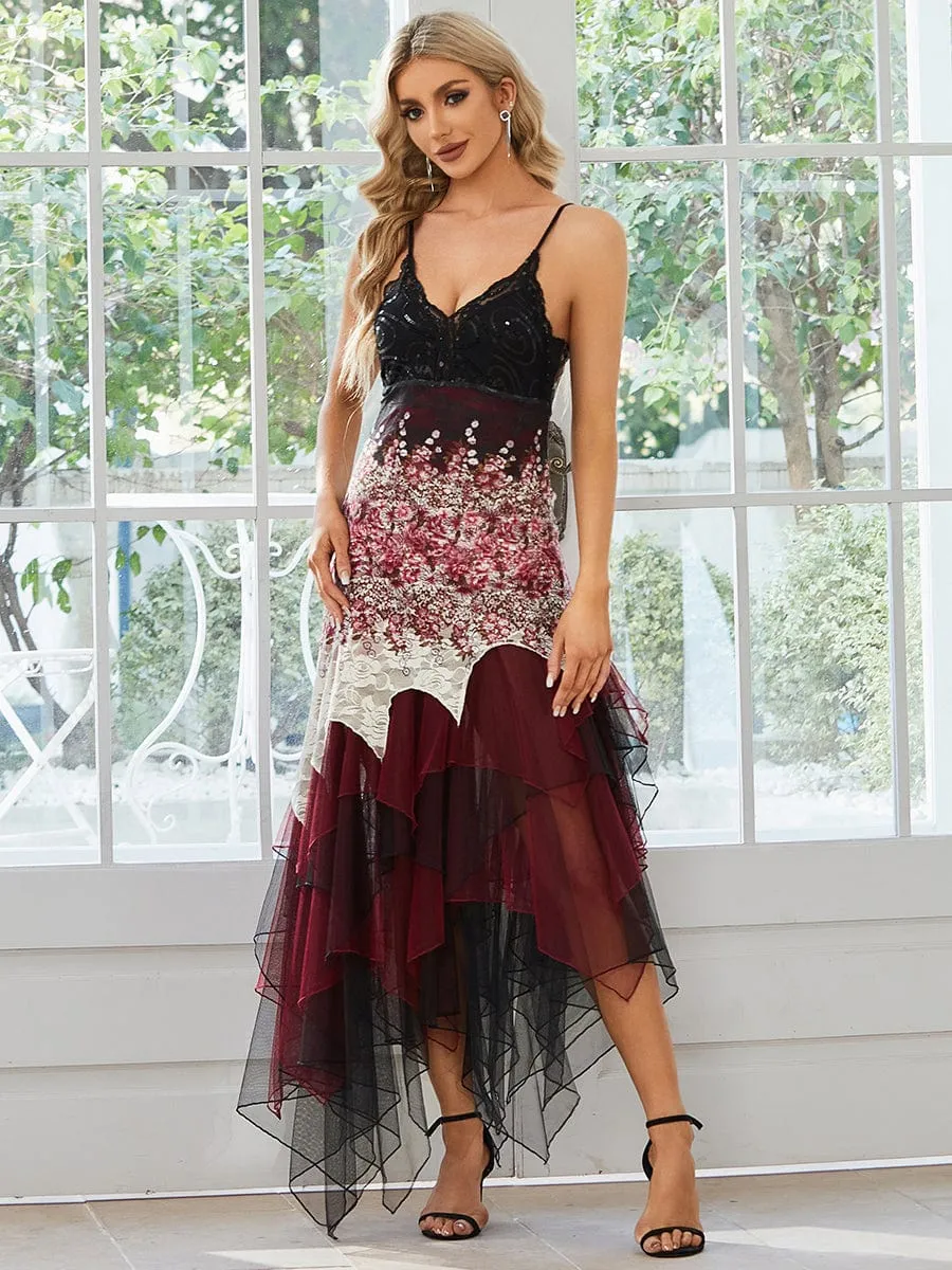 Women's V Neck Multi Color Asymmetrical Hems Prom Dress