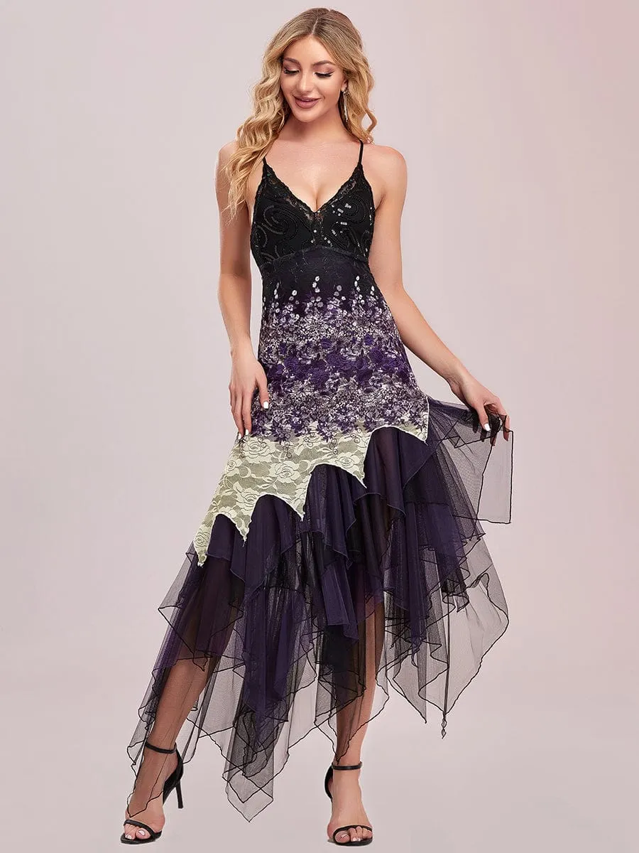 Women's V Neck Multi Color Asymmetrical Hems Prom Dress